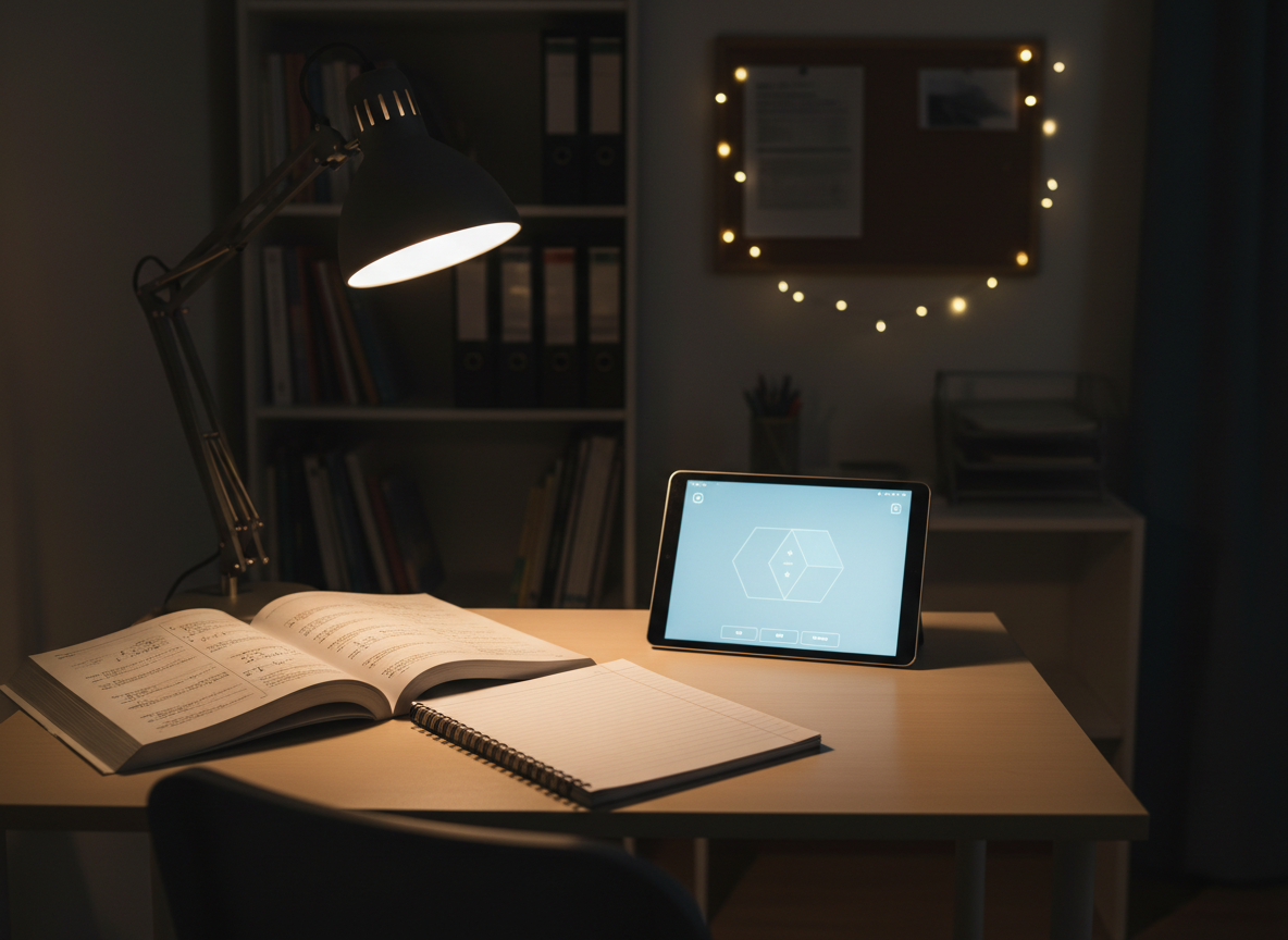 A realistic nighttime exam study scene in a small, tidy student room, photographed at desk level. A compact wooden desk holds an open textbook filled with diagrams, a notebook with blank, lined pages turned toward the viewer, and a digital tablet displaying a softly glowing, abstract interface without readable text. A single, warm desk lamp with a matte metal shade casts focused light, creating a cozy pool of illumination that fades into a darker, softly blurred background of shelves and a simple pinboard. The composition follows the rule of thirds, emphasizing the open study space in the center, with gentle shadows adding depth and a determined, late-night exam prep atmosphere.