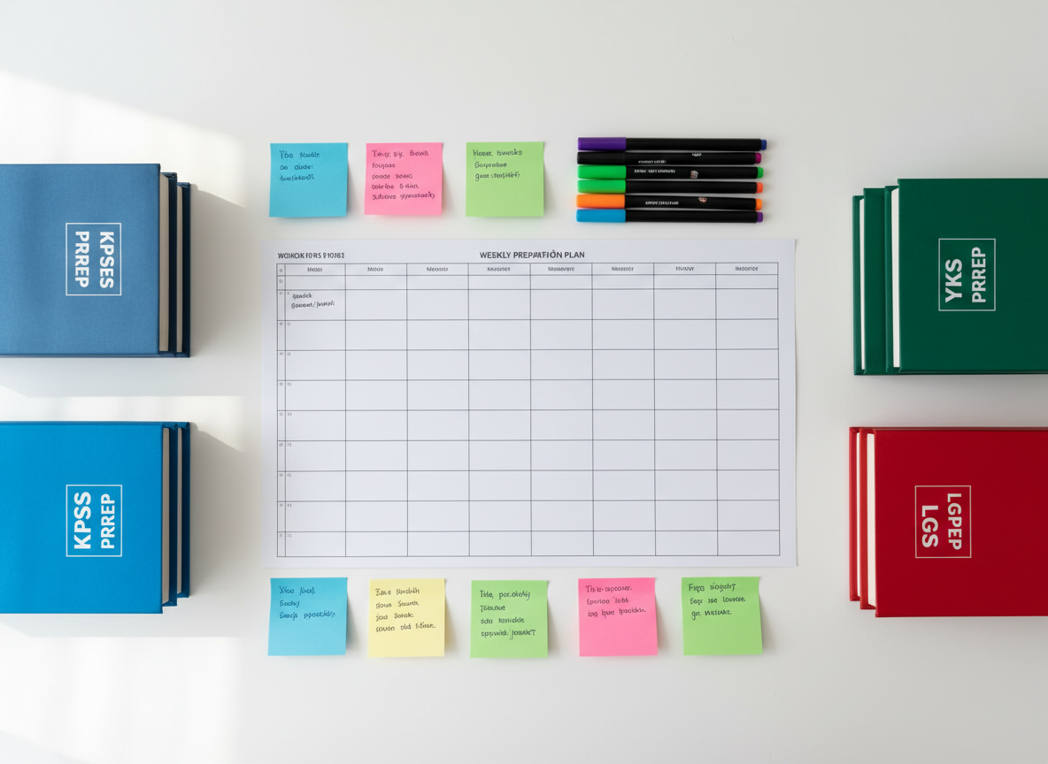 A close-up, photographic image of a structured weekly exam preparation plan laid out on a smooth white desk, featuring a large, blank grid planner, color-coded sticky notes, and neatly arranged pens and markers. Around the planner, stacks of generic KPSS, YKS, and LGS prep books with plain, text-free covers are positioned to suggest different subject areas. Soft overhead lighting combined with subtle natural light from an unseen window creates balanced, shadow-free illumination and a focused, professional mood. Shot from a top-down, bird’s eye view, the composition is clean and symmetrical, with sharp detail on every object to convey organization, discipline, and strategic exam study planning for multiple Turkish exams.
