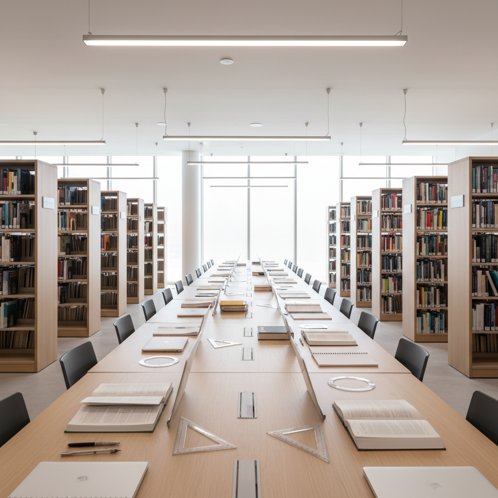 A bright, modern university library interior photographed from a slightly elevated angle, showcasing long rows of light oak tables covered with anonymous study materials: open textbooks, blank notebooks, transparent rulers, geometric tools, and closed laptops. The high ceiling features minimalist pendant lights, but the main illumination comes from diffused daylight streaming through large floor-to-ceiling windows, creating a calm, academic atmosphere. Sharp focus throughout emphasizes the clean lines of the shelves filled with generic, unbranded books. The mood is professional and quietly determined, ideal for intensive KPSS or YKS preparation, with photographic realism and a clean, contemporary aesthetic that highlights the seriousness of exam study without showing any people.