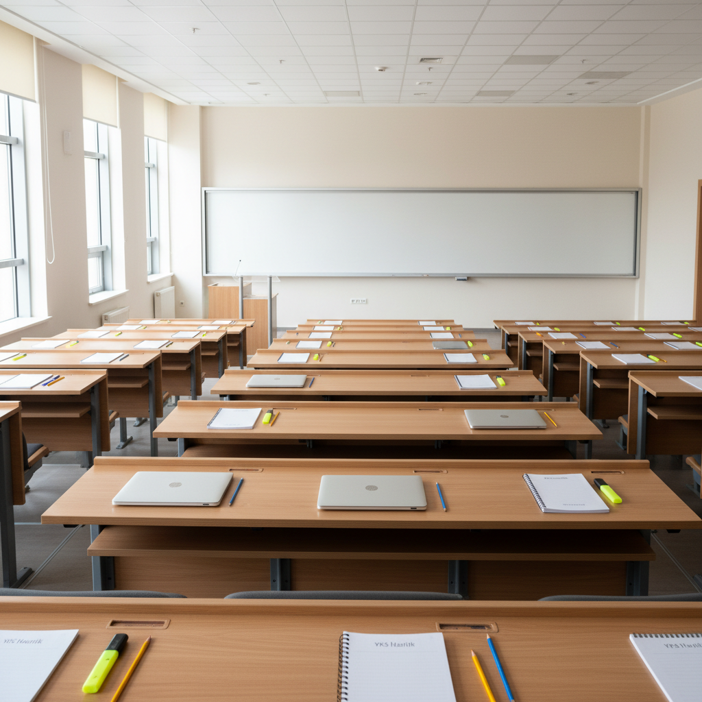 An empty, realistic university lecture hall captured from the back row, showing descending rows of smooth wooden desks leading down to a large whiteboard and a modern lectern at the front. On a few desks, there are scattered exam-oriented study materials: closed laptops, blank notepads, sharpened pencils, and highlighters, hinting at YKS and KPSS preparation. Large windows on one side let in bright, diffused daylight that evenly illuminates the room, highlighting the symmetry of the seating. The mood is serious and aspirational, suggesting future success at university and in public service careers. Photographic realism, wide-angle lens, sharp focus throughout, and a clean, professional aesthetic.